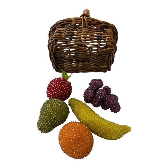 VTG Beaded Faux Fruit Set in Wicker Basket – 6-Piece Decorative Display - Picture 3 of 6